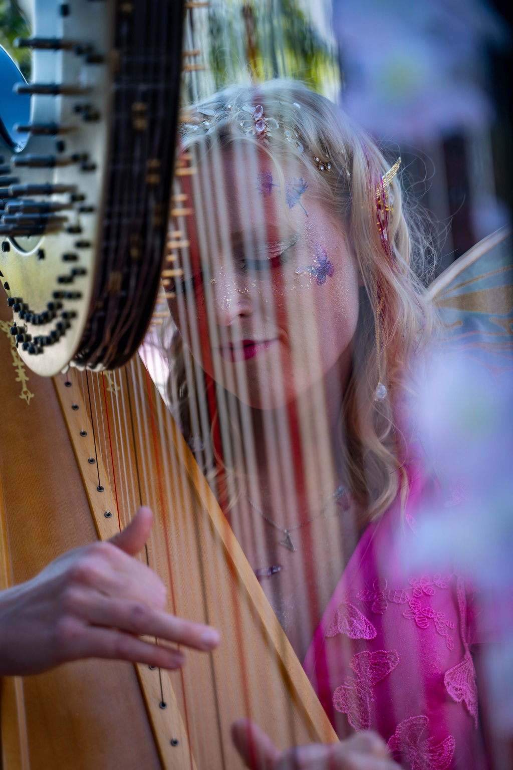 A harpist framed by the strings of her harp